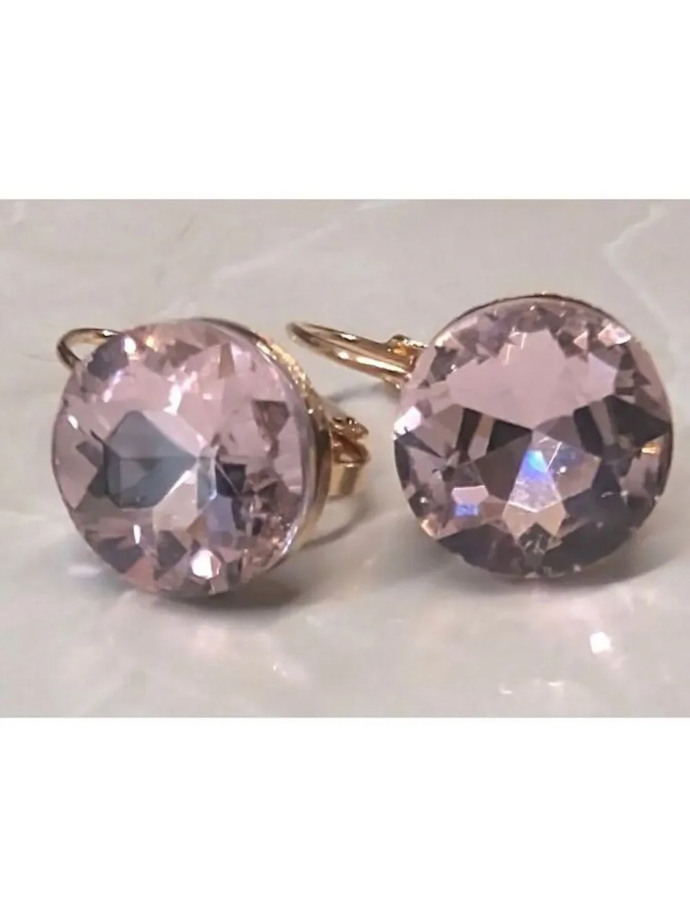 New 14K GP Gold PLated Round Ballerina Pink Faceted Austrian Crystal Earrings